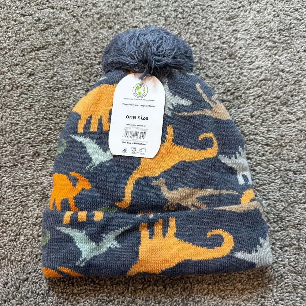 Wonder Nation Baby Toddler Beanie Hat & Glove Set One Size Dinosaur NWT‎ Fleece